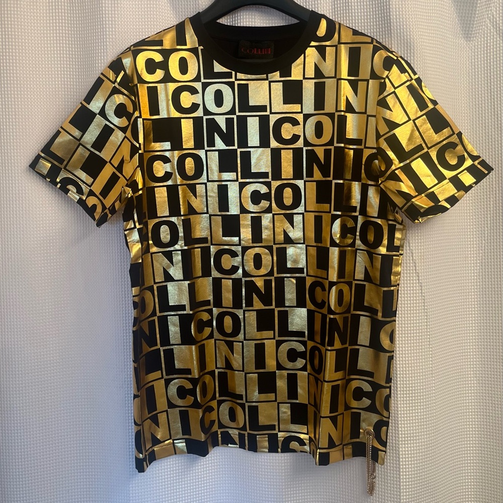 Gold & Black T-shirt by Collini with golden writings covering the whole shirt L
